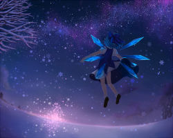 Rule 34 | 1girl, ankle socks, blue dress, blue hair, bow, cirno, dress, female focus, flying, from behind, hair bow, horizon, konoe3, meadow, milky way, night, open hands, outdoors, outstretched arms, short sleeves, sky, snow, snowflakes, socks, solo, spread arms, star (sky), starry sky, touhou, tree, twilight, wind, wind lift, wings