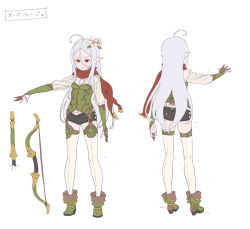 Rule 34 | 1girl, ahoge, archery shooting glove, ass, blouse, boots, bow (weapon), closed mouth, enkyo yuuichirou, flower, gloves, green footwear, hair between eyes, hair flower, hair ornament, highres, long hair, micro shorts, multiple views, original, partially fingerless gloves, pink flower, pointy ears, red eyes, red scarf, scarf, shirt, shorts, standing, thighhighs, very long hair, vest, weapon, white thighhighs