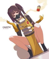 Rule 34 | 1girl, animification, apex legends, bad id, bad pixiv id, brown eyes, brown hair, cable, caustic (apex legends), character name, cigarette, gas mask, genderswap, genderswap (mtf), gloves, hazmat suit, head tilt, highres, holding, holding cigarette, looking to the side, mask, pelvic curtain, ririo (mitsumatario), sidelocks, smoking, solo, squatting, twintails, white background, yellow gloves