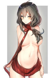 Rule 34 | 1girl, ahoge, arms at sides, bare arms, bare shoulders, black hair, blush, breasts, convenient censoring, drawstring, dress, girls&#039; frontline, hair censor, hair over shoulder, hair tie, halterneck, helianthus (girls&#039; frontline), large breasts, long hair, looking at viewer, luse maonang, meme attire, monocle, naked sweater, navel, ribbed sweater, simple background, sketch, sleeveless, sleeveless turtleneck, solo, sweater, sweater dress, turtleneck, turtleneck sweater, virgin killer sweater, wardrobe error, yellow eyes