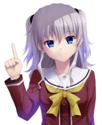 Rule 34 | 10s, 1girl, blue eyes, charlotte (anime), index finger raised, long hair, looking at viewer, school uniform, seirei911, serafuku, silver hair, simple background, smile, solo, tomori nao, twintails, two side up