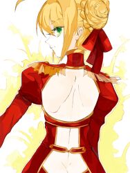 Rule 34 | 1girl, ahoge, artoria pendragon (all), artoria pendragon (fate), ass, back, backless outfit, bad drawr id, bad id, blonde hair, butt crack, closed mouth, dress, epaulettes, fate/extra, fate (series), green eyes, hair bun, juliet sleeves, kakaaru, long sleeves, looking at viewer, nero claudius (fate), nero claudius (fate) (all), nero claudius (fate/extra), oekaki, puffy sleeves, red dress, saber (fate), short hair, sidelocks, solo, two-tone background, upper body, white background, yellow background