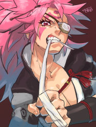 Rule 34 | 1girl, angry, baiken, bandages, breasts, cleavage, collarbone, dated, eyelashes, eyepatch, facial mark, guilty gear, guilty gear xrd, highres, large breasts, pink eyes, pink hair, ponytail, sharp teeth, signature, solo, teeth, upper body, wryyoco