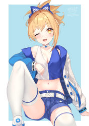 Rule 34 | 1girl, ;d, absurdres, bare shoulders, blonde hair, blue background, blue jacket, blue shorts, blue tank top, blush, breasts, choker, cleavage, collarbone, commentary request, crop top, genshin impact, hair between eyes, highres, jacket, knee up, long sleeves, looking at viewer, medium breasts, midriff, navel, ochinsama, off shoulder, one eye closed, open clothes, open jacket, open mouth, puffy long sleeves, puffy sleeves, red eyes, short shorts, shorts, sidelocks, signature, sitting, smile, solo, tank top, teeth, thighhighs, twitter username, two-tone background, upper teeth only, white background, white choker, white jacket, white tank top, white thighhighs, yoimiya (genshin impact), yoimiya (lawson) (genshin impact)