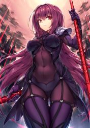 Rule 34 | 1girl, armor, bodysuit, breasts, cloud, cloudy sky, covered navel, dual wielding, fate/grand order, fate (series), from below, gae bolg (fate), gou (ga673899), hair between eyes, haoni, holding, light beam, long hair, looking at viewer, medium breasts, pauldrons, polearm, purple hair, red eyes, red sky, scathach (fate), shoulder armor, sky, solo, spear, thighs, very long hair, weapon
