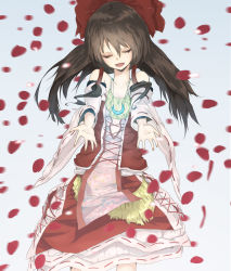 Rule 34 | 1girl, adapted costume, alternate costume, blurry, bow, brown hair, crescent, depth of field, closed eyes, hair bow, hair ornament, hair ribbon, hair tubes, hakurei reimu, highres, jewelry, la-na, long hair, looking at viewer, open mouth, pendant, petals, reaching, ribbon, smile, solo, touhou