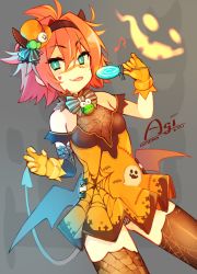 Rule 34 | 1girl, :3, :p, bare shoulders, bow, bowtie, candy, demon tail, demon wings, detached sleeves, engawa oishii, fake horns, female focus, food, hairband, halloween, hat, highres, horns, lollipop, mini hat, musical note, panties, red hair, scar, scar on face, short hair, solo, spider web print, striped clothes, striped panties, tail, thighhighs, tongue, tongue out, underwear, wings