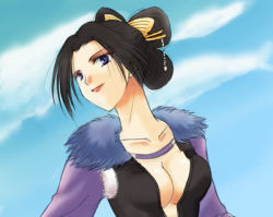 Rule 34 | 1girl, breasts, brown hair, cleavage, closed mouth, collarbone, fur trim, hair ornament, hair rings, hair stick, happypink, kanzaki miyuki (happypink), lips, looking at viewer, lowres, nouhime, nouhime (sengoku musou), sengoku musou, sengoku musou 2, short hair, smirk, solo