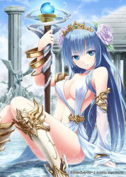 Rule 34 | 1girl, akkijin, ancient greek clothes, angel, angel wings, arm support, armlet, armor, bare shoulders, blue eyes, blue hair, boots, bracelet, breasts, choker, cleavage, cloud, company name, convenient leg, copyright name, detached sleeves, dress, flower, gem, gloves, greaves, greco-roman clothes, hair flower, hair ornament, himation, holding, jewelry, knee boots, knees together feet apart, large breasts, leaf, light smile, long hair, looking at viewer, marble (stone), marble sculpture, matching hair/eyes, navel, no bra, orb, outdoors, pillar, pouring, reflection, revealing clothes, rose, shinkai no valkyrie, sideboob, sitting, sky, sleeves past wrists, smile, solo, staff, statue, tiara, toga, venus (shinkai no valkyrie), very long hair, water, weapon, wet, white dress, white flower, white rose, wings
