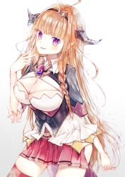 Rule 34 | 1girl, ahoge, black jacket, blonde hair, blurry, bow, breasts, brooch, cleavage, closed mouth, depth of field, dragon horns, hairband, highres, hololive, horn bow, horn ornament, horns, jacket, jewelry, kiryu coco, kiryu coco (1st costume), large breasts, long hair, looking at viewer, lovely yoshio, miniskirt, multicolored hair, orange hair, pointy ears, purple eyes, red skirt, single thighhigh, skirt, smile, solo, thighhighs, thighs, tongue, tongue out, virtual youtuber