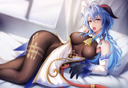 Rule 34 | 1girl, ahoge, bare shoulders, bed, bed sheet, bedroom, bell, black gloves, blue hair, blush, breasts, condom, condom in mouth, detached sleeves, ganyu (genshin impact), genshin impact, gloves, goat horns, highres, horns, indoors, long hair, looking at viewer, lying, medium breasts, miss, mouth hold, neck bell, on bed, pillow, sidelocks, solo