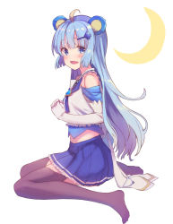 Rule 34 | 1girl, :d, ahoge, bare shoulders, black thighhighs, blue eyes, blue hair, blue skirt, blush, commentary request, crescent, dyed ahoge, elbow gloves, gloves, hair ornament, hairclip, highres, long hair, looking at viewer, looking to the side, makiaato, no shoes, open mouth, pleated skirt, shirt, show by rock!!, simple background, sitting, skirt, sleeveless, sleeveless shirt, smile, solo, spade hair ornament, thighhighs, tsukino (show by rock!!), very long hair, wariza, white background, white gloves, white shirt