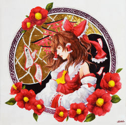 Rule 34 | 1girl, acrylic paint (medium), ascot, bare shoulders, bow, brown hair, camellia, circle, detached sleeves, expressionless, flower, hair bow, hair tubes, hakurei reimu, half updo, hands in opposite sleeves, johnalay, nontraditional miko, painting (medium), profile, realistic, red bow, red vest, short hair, signature, solo, torii, touhou, traditional media, vest, yin yang