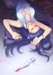 Rule 34 | 1girl, armpits, arms up, bare shoulders, blood, bloody weapon, blouse, blue hair, breasts, breasts apart, cleavage, collared shirt, english text, fingernails, from above, guro, jewelry, large breasts, lips, long fingernails, long hair, love cacao, lying, necklace, no bra, on back, purple eyes, red eyes, shikigami castle, shikigami no shiro, shirt, sleeveless, sleeveless shirt, solo, stake, upside-down, very long hair, weapon, white shirt