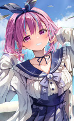 Rule 34 | 1girl, ahoge, blue hair, blue nails, blue sailor collar, blue skirt, blush, bow hairband, choker, colored inner hair, day, frilled sailor collar, frills, grin, hairband, hands up, high-waist skirt, highres, holding, holding own hair, hololive, jacket, long sleeves, looking at viewer, medium hair, minato aqua, minato aqua (sailor), multicolored hair, nail polish, open clothes, open jacket, pink hair, purple eyes, ribbon choker, sailor collar, shirt, skirt, smile, solo, summer tail720, two-tone hair, virtual youtuber, white jacket, white shirt