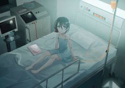 Rule 34 | 1girl, bandaid, bandaid on arm, bare arms, bare shoulders, bed, black hair, blue dress, blue eyes, closed mouth, collarbone, commentary request, dress, hair between eyes, hospital bed, indoors, intravenous drip, looking at viewer, monitor, original, sakanaoishiiumauma, short hair, sitting, sleeveless, sleeveless dress, solo, tissue box