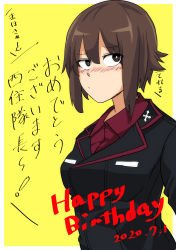Rule 34 | 1girl, absurdres, black jacket, blush, brown eyes, brown hair, closed mouth, commentary, dated, dress shirt, embarrassed, english text, frown, girls und panzer, happy birthday, highres, insignia, jacket, kuromorimine military uniform, long sleeves, looking at viewer, military, military uniform, natsume mina, nishizumi maho, outside border, red shirt, shirt, short hair, simple background, solo, translated, uniform, upper body, wing collar, yellow background