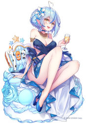 Rule 34 | 1girl, :d, ahoge, bar (place), bare legs, blue dress, blue footwear, blue hair, blue sailor collar, blush, breasts, cleavage, cup, dress, drinking glass, elf, flower, hair between eyes, hair flower, hair ornament, heart, heart ahoge, high heels, holding, holding cup, hololive, hong (white spider), large breasts, looking at viewer, multicolored hair, nail polish, official art, open mouth, pointy ears, sailor collar, shoes, short hair, simple background, smile, solo, strapless, strapless dress, streaked hair, virtual youtuber, white background, white flower, yellow eyes, yukihana lamy