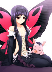 Rule 34 | 10s, 1boy, 1girl, = =, accel world, antenna hair, arita haruyuki, black dress, black gloves, black hair, brown eyes, bug, butterfly, butterfly wings, dress, elbow gloves, gloves, hairband, hand on another&#039;s head, insect, insect wings, kuroyukihime, long hair, nagami yuu, navel, pig, simple background, sitting, smile, white background, wings