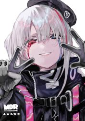 Rule 34 | 1girl, beret, black gloves, blue eyes, colored tears, commentary request, crying, girls&#039; frontline, gloves, hat, heterochromia, highres, jacket, long hair, looking at viewer, mdr (girls&#039; frontline), multicolored hair, one side up, pink hair, silver hair, smile, solo, streaked hair, streaming tears, tears, v, yukke-chan