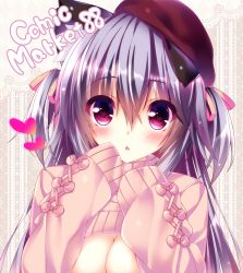 Rule 34 | 1girl, animal ears, argyle, argyle background, argyle clothes, arms up, blush, bow, breasts, breasts out, cat ears, chestnut mouth, cleavage, comiket, comiket 88, cross-laced clothes, english text, fang, floral background, flower, gradient eyes, hair ribbon, hand on own face, hands in opposite sleeves, hat, heart, heart-shaped pupils, lace, lace background, large breasts, light purple hair, long hair, long sleeves, looking at viewer, meme attire, multicolored eyes, no bra, ooji cha, open-chest sweater, original, out-of-frame censoring, oziko (ooji cha), pink bow, pink ribbon, pink sweater, purple eyes, red hat, ribbed sweater, ribbon, rose, sleeves past wrists, solo, sweater, symbol-shaped pupils, text focus, turtleneck, turtleneck sweater, two side up, upper body