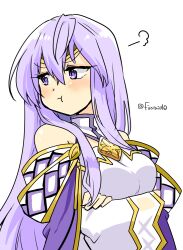 1girl bare_shoulders breasts circlet crossed_arms fire_emblem fire_emblem:_genealogy_of_the_holy_war julia_(fire_emblem) long_hair looking_to_the_side nintendo pout purple_eyes purple_hair simple_background solo yukia_(firstaid0)