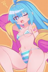 Rule 34 | 1girl, absurdres, ahoge, arm behind head, arm up, bikini, blue eyes, blue hair, blush, breasts, commentary, drooling, hair down, hatsune miku, highres, hood, hoodie, jacket, long hair, micro bikini, navel, nishitin, off shoulder, one eye closed, open mouth, small breasts, solo, squeans, striped bikini, striped clothes, swimsuit, tears, underboob, vocaloid, yawning