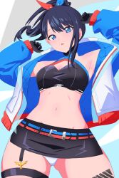 1girl bare_legs bare_shoulders barefoot between_legs black_hair black_skirt blue_eyes blue_jacket blush bow breasts cleavage cleavage_cutout clothing_cutout covered_collarbone crop_top feet garter_straps gloves gridman_universe gridman_universe_(film) hair_between_eyes hair_bow hand_between_legs highres jacket large_breasts long_hair looking_at_viewer microskirt midriff navel official_alternate_costume open_mouth ponytail simple_background skirt solo stomach superioru takarada_rikka thighs white_background