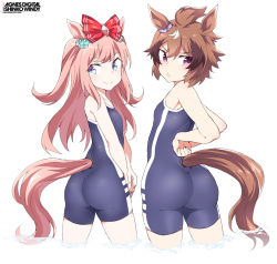 Rule 34 | 2girls, agnes digital (umamusume), animal ears, ass, blue eyes, bow, brown hair, character name, competition school swimsuit, from behind, hair bow, horse ears, horse girl, horse tail, long hair, looking at viewer, looking back, multicolored hair, multiple girls, pink hair, purple eyes, red bow, school swimsuit, shigino sohuzi, shinko windy (umamusume), short hair, sidelocks, swimsuit, tail, two side up, umamusume, white hair
