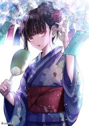 Rule 34 | 1girl, alternate costume, alternate hairstyle, artist name, artist request, black hair, blue kimono, commentary request, danganronpa (series), danganronpa v3: killing harmony, earrings, floral print, flower, hand fan, harukawa maki, holding, japanese clothes, jewelry, kimono, long sleeves, looking at viewer, mole, mole under eye, paper fan, red eyes, red flower, red lips, red rose, rose, short hair, simple background, solo, stud earrings, uchiwa, white background, wide sleeves, z-epto (chat-noir86)