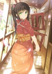 Rule 34 | 1girl, architecture, bowl, carrying, chopsticks, cup, plate, dutch angle, east asian architecture, from behind, green eyes, hair ornament, hallway, high ponytail, japanese clothes, kaname 024, kimono, lantern, leaf, light particles, long hair, looking at viewer, looking back, moe2016, obi, original, plant, ponytail, railing, red kimono, sash, sliding doors, solo, sunlight, tasuki, waitress, yukata