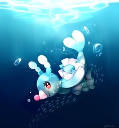 Rule 34 | absurdres, blue background, brionne, bubble, full body, gen 7 pokemon, highres, looking at viewer, no humans, pokemon, pokemon (creature), pokemon xy, red eyes, ropang, smile, solo, tail, text focus, twitter username, underwater, water
