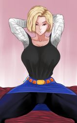 Rule 34 | 1girl, alkanoid743, android, android 18, armpits, arms behind head, arms up, bed, bed sheet, bedroom, belt, blonde hair, blue eyes, cyborg, dragon ball, dragon ball super, dragonball z, earrings, female focus, highres, jewelry, leggings, legs apart, looking at viewer, short hair, skirt, smile, smirk, solo