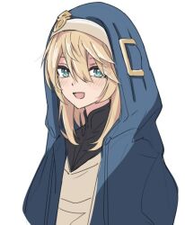 Rule 34 | 1boy, androgyne symbol, aqua eyes, blonde hair, bridget (guilty gear), execneet, guilty gear, guilty gear strive, habit, hood, hood up, hooded jacket, hoodie, jacket, looking at viewer, male focus, medium hair, open clothes, open hoodie, open mouth, simple background, smile, solo, trap, upper body, white background