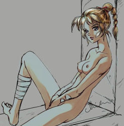 Rule 34 | 1girl, artist request, bandaged leg, bandages, barefoot, blonde hair, blue eyes, breasts, chrono (series), chrono cross, collarbone, covering crotch, covering privates, facial mark, feet, kid (chrono cross), looking at viewer, multi-tied hair, nipples, nude, sitting, small breasts, solo, spread legs, square enix, toes