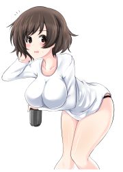 Rule 34 | 1girl, absurdres, aikir (jml5160), akiyama yukari, black panties, blush, breasts, brown hair, can, casual, cleavage, drink can, frown, girls und panzer, hand in own hair, highres, holding, holding can, impossible clothes, impossible shirt, leaning forward, long sleeves, looking at viewer, messy hair, no pants, notice lines, panties, shirt, short hair, simple background, skindentation, soda can, solo, standing, sweatdrop, underwear, white background, white shirt