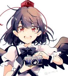 Rule 34 | 1girl, azuma aya, bird wings, blouse, bow, brown hair, camera, cropped, hat, holding, holding camera, looking at viewer, open mouth, pointy ears, puffy short sleeves, puffy sleeves, red eyes, round teeth, shameimaru aya, shirt, short hair, short sleeves, sketch, smile, solo, teeth, tokin hat, touhou, twitter username, white background, white shirt, wings, wrist cuffs