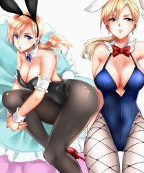 Rule 34 | 2girls, animal ears, armband, black legwear, blonde hair, blue eyes, bow, bowtie, breasts, character request, cleavage, commentary request, covered navel, detached collar, earrings, fake animal ears, fishnet pantyhose, fishnets, high heels, jewelry, jill valentine, large breasts, leotard, long hair, low ponytail, multiple girls, nagare, pantyhose, pillow, playboy bunny, rabbit ears, rabbit tail, red footwear, resident evil, resident evil 5, see-through, see-through legwear, strapless, strapless leotard, tail