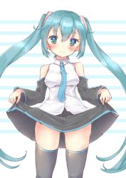 Rule 34 | 1girl, aqua hair, black skirt, black thighhighs, blue eyes, blush, clothes lift, detached sleeves, hatsune miku, long hair, looking at viewer, necktie, onomiya, skirt, skirt lift, smile, solo, striped, striped background, thighhighs, twintails, very long hair, vocaloid, zettai ryouiki