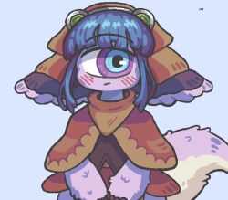 Rule 34 | 1girl, :/, animal ears, bandana, blue background, blue eyes, blue hair, blunt bangs, blush, body fur, brown capelet, brown headwear, brown shirt, butterbread144, capelet, closed mouth, color guide, commentary, cowboy shot, cyclops, english commentary, furry, furry female, jaggy lines, made in abyss, microsoft paint (medium), multicolored eyes, one-eyed, own hands together, pakkoyan, purple eyes, purple fur, shirt, short hair with long locks, sidelocks, sideways glance, simple background, solo, tail, v arms