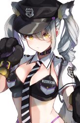 Rule 34 | 1girl, animal ear fluff, animal ears, animal hands, bad id, bad twitter id, between breasts, black choker, black hat, breast pocket, breasts, choker, crop top, detached collar, frown, gloves, goroo (eneosu), hair between eyes, hand up, hat, highleg, highres, long hair, looking at viewer, medium breasts, midriff, mole, mole under eye, necktie, original, paw gloves, peaked cap, pocket, police hat, short sleeves, shrug (clothing), silver hair, simple background, solo, spaghetti strap, striped necktie, striped neckwear, tail, twintails, upper body, v-shaped eyebrows, white background, wolf ears, wolf tail, yellow eyes