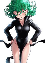Rule 34 | 1girl, black dress, blush, breasts, cowboy shot, curly hair, dress, female focus, green eyes, green hair, groin, hair between eyes, hands on own hips, highres, long sleeves, looking at viewer, matching hair/eyes, medium breasts, nico-mo, no panties, one-punch man, open mouth, popped collar, shiny skin, short hair, simple background, solo, standing, tatsumaki, teeth, upper teeth only, white background