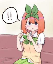 Rule 34 | !, !!, 1girl, blue eyes, blush, bow, cellphone, collared shirt, couch, eyebrows hidden by hair, go-toubun no hanayome, green bow, green ribbon, green skirt, hair between eyes, hair ribbon, hands up, highres, holding, holding phone, kujou karasuma, looking at viewer, nakano yotsuba, on couch, orange hair, parted lips, phone, pleated skirt, ribbon, shirt, short sleeves, signature, sitting, skirt, solo, sweater vest, white shirt
