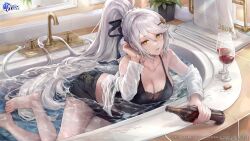 Rule 34 | 1girl, absurdres, azur lane, bare legs, barefoot, bathtub, bibimbub, black bra, black ribbon, black shorts, bottle, bra, braid, breasts, cleavage, commentary, copyright name, cork, cup, drinking glass, english commentary, expressionless, faucet, foot out of frame, glint, grey hair, hair between eyes, hair ornament, hair ribbon, hairclip, halterneck, hand in own hair, highres, holding, holding bottle, kirov (azur lane), kirov (blend r) (azur lane), lace, lace-trimmed bra, lace trim, large breasts, logo, long hair, looking at viewer, midriff, milestone celebration, off shoulder, official alternate costume, open clothes, open shirt, parted lips, partially submerged, ponytail, red wine, ribbon, second-party source, see-through, shirt, short shorts, shorts, solo, swept bangs, towel, towel rack, underwear, very long hair, water, watermark, wet, wet clothes, wet shirt, white shirt, wine, wine bottle, wine glass, yellow eyes