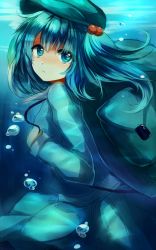 Rule 34 | 1girl, backpack, bag, blue eyes, blue hair, bubble, hair bobbles, hair ornament, hat, highres, kawashiro nitori, long sleeves, looking at viewer, maho moco, matching hair/eyes, shirt, skirt, skirt set, solo, touhou, twintails, two side up, underwater, vest, water