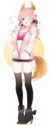 Rule 34 | 10s, 1girl, absurdres, animal ears, black thighhighs, blush, bra, breasts, casual, cleavage, collarbone, fang, fate/extra, fate (series), fox ears, fox tail, high heels, highres, hood, hoodie, long hair, low twintails, navel, official alternate costume, one eye closed, open mouth, pink bra, pink hair, scrunchie, shoes, simple background, sino (sionori), smile, solo, striped clothes, striped hoodie, tail, tamamo (fate), tamamo no mae (fate/extra), tamamo no mae (spring casual) (fate), thighhighs, twintails, underwear, unzipped, v, white background, yellow eyes