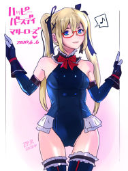 Rule 34 | 1girl, bespectacled, black gloves, blue leotard, blue one-piece swimsuit, blue thighhighs, breasts, bridal garter, commentary request, dead or alive, detached collar, detached sleeves, doorway, glasses, gloves, hair ribbon, leotard, looking at viewer, marie rose, musical note, one-piece swimsuit, petite, red-framed eyewear, ribbon, semi-rimless eyewear, small breasts, solo, spoken musical note, standing, swimsuit, thigh gap, thighhighs, under-rim eyewear, zero hime
