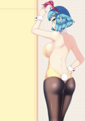 Rule 34 | 1girl, :q, absurdres, animal ears, ass, backless outfit, bad id, bad pixiv id, black pantyhose, blue hair, blush, breasts, closed mouth, cowboy shot, fake animal ears, from behind, green eyes, hair ornament, hairband, hairclip, hand on own hip, highres, large breasts, leotard, looking at viewer, nanomate3, original, pantyhose, playboy bunny, profile, rabbit ears, rabbit tail, red ribbon, ribbon, short hair, smile, solo, standing, tail, tile wall, tiles, tongue, tongue out, wrist cuffs