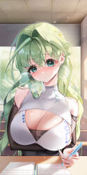 Rule 34 | 1girl, absurdres, arm under breasts, bare shoulders, black shirt, blush, breasts, chinese commentary, cleavage, cleavage cutout, closed mouth, clothing cutout, commentary request, desk, detached sleeves, earrings, fangwan, green eyes, green hair, hair between eyes, heavy breathing, highres, holding, holding pen, indoors, jewelry, large breasts, layered shirt, long hair, looking at viewer, nose blush, original, pen, shirt, solo, sweat, upper body, wavy hair, white shirt