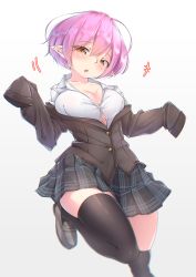 Rule 34 | +++, 1girl, black jacket, black skirt, black thighhighs, blush, breasts, brown eyes, brown footwear, cleavage, collared shirt, commentary, donedone, gradient background, grey background, hair between eyes, head tilt, jacket, large breasts, loafers, long sleeves, looking at viewer, lucid (maplestory), maplestory, parted lips, pink hair, plaid, plaid skirt, pleated skirt, pointy ears, shirt, shoes, skirt, sleeves past wrists, solo, standing, standing on one leg, thighhighs, white background, white shirt